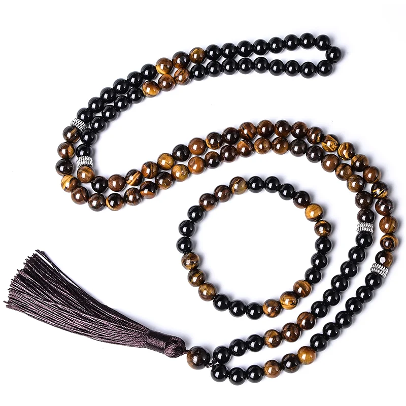 Unisex Natural Yellow Tiger Eye Black Agate Beaded Mala Necklace 4