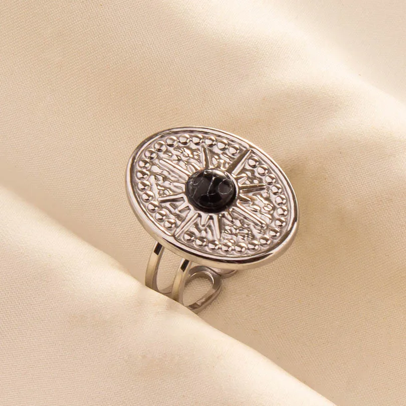 Stainless Steel Black Stone Open Ring 5